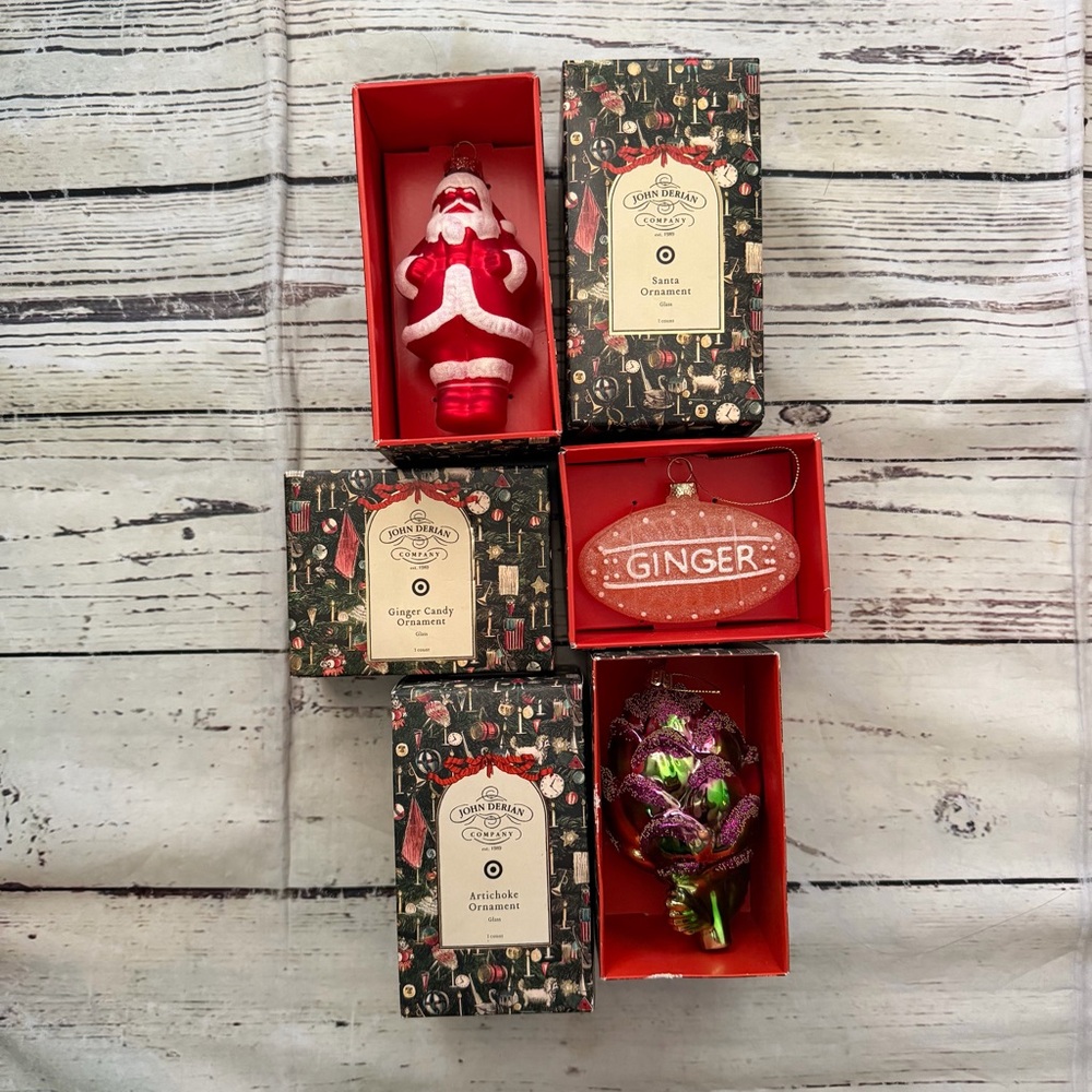 Holiday Ornament Trio - Red Santa, Red 'Ginger' Candy & Multicolor Artichoke